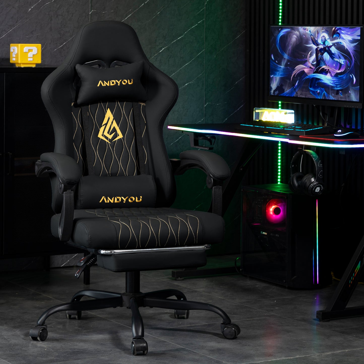 ANDYOU Gaming Chair with Footrest, Ergonomic PU Leather Computer Chair - Black