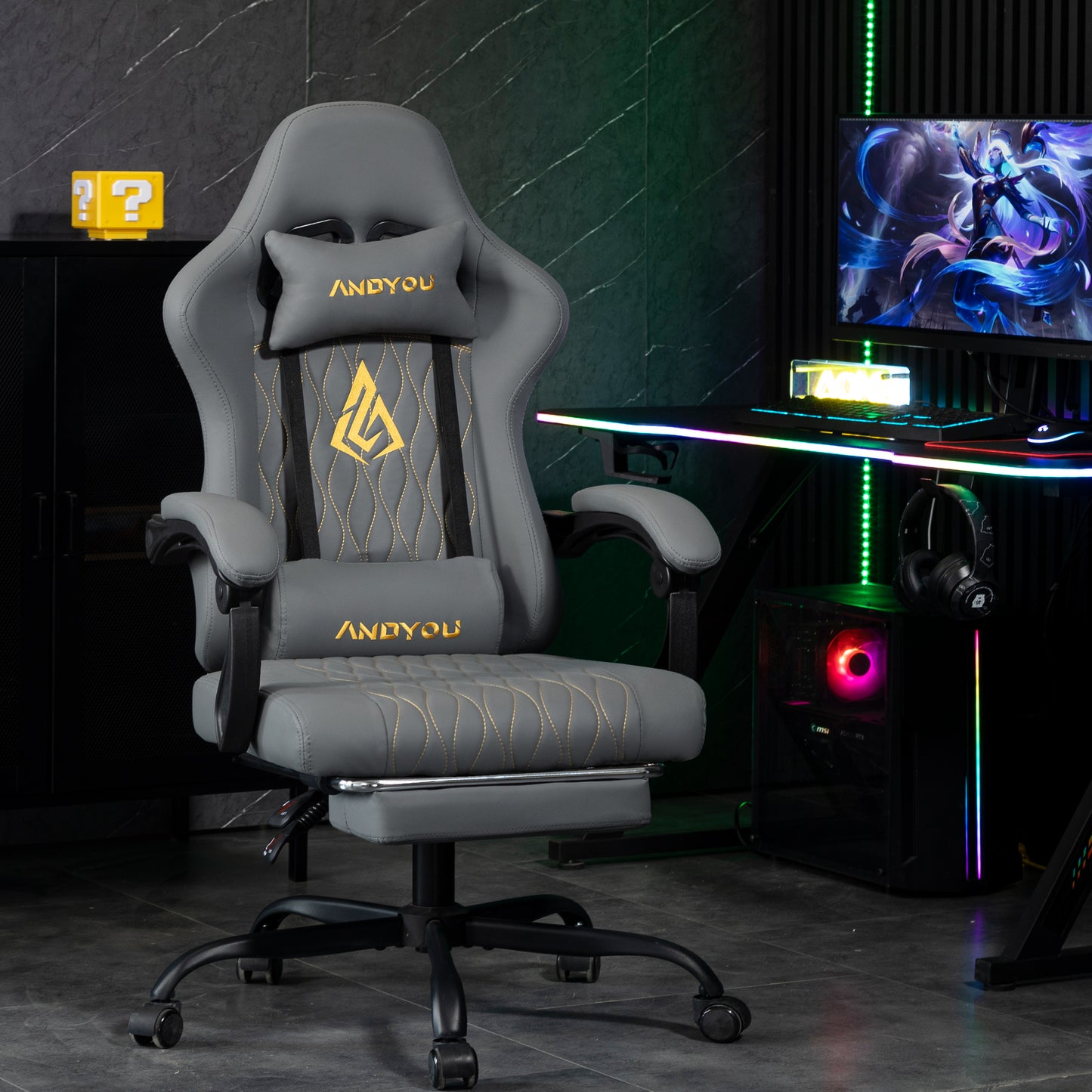 ANDYOU Gaming Chair with Footrest, Ergonomic PU Leather Computer Chair - Grey
