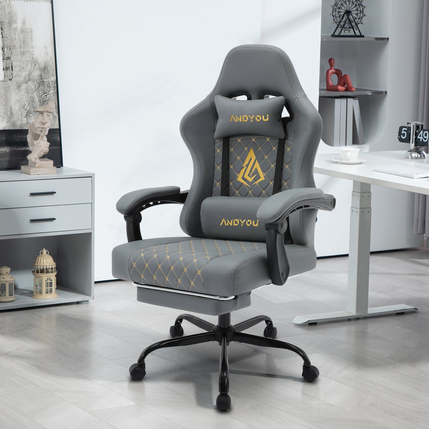 ANDYOU PU Leather Computer Gaming Chair - Comfortable and Adjustable Office Chair, Grey