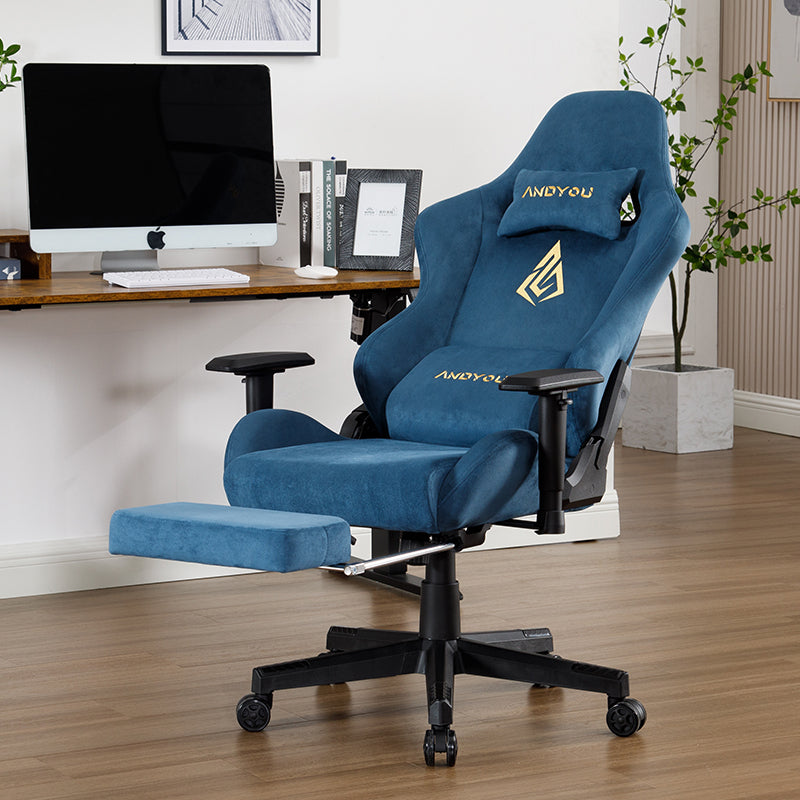 ANDYOU Gaming Chair, Adjustable Rotating Desk Chair with Footrest - Blue