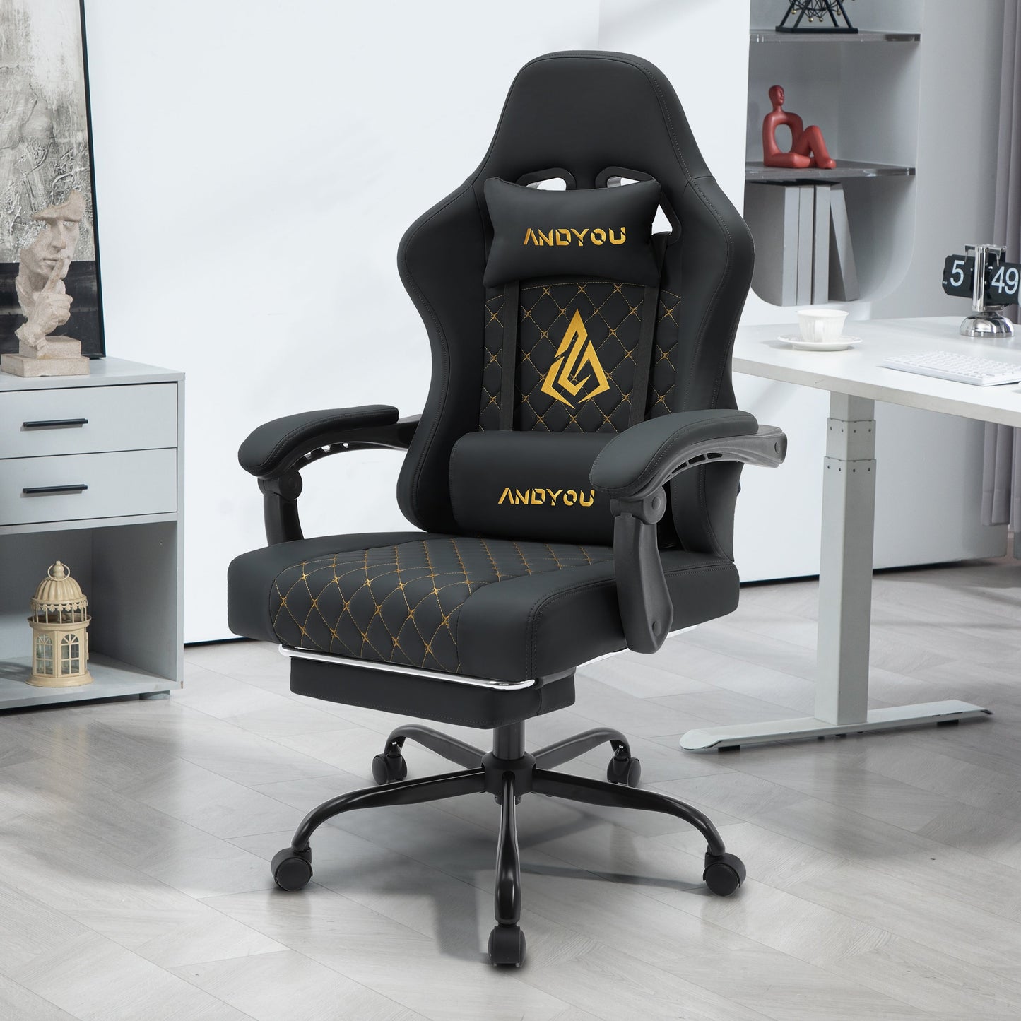 ANDYOU PU Leather Computer Gaming Chair - Comfortable and Adjustable Office Chair, Black