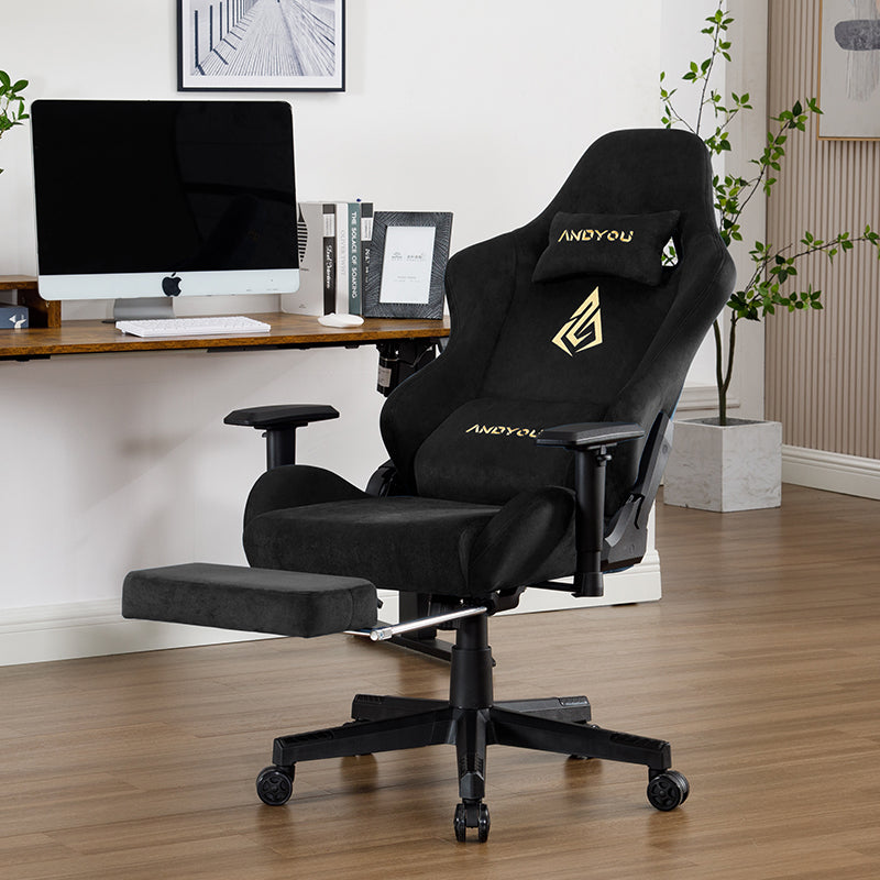 ANDYOU Gaming Chair, Adjustable Rotating Desk Chair with Footrest - Black