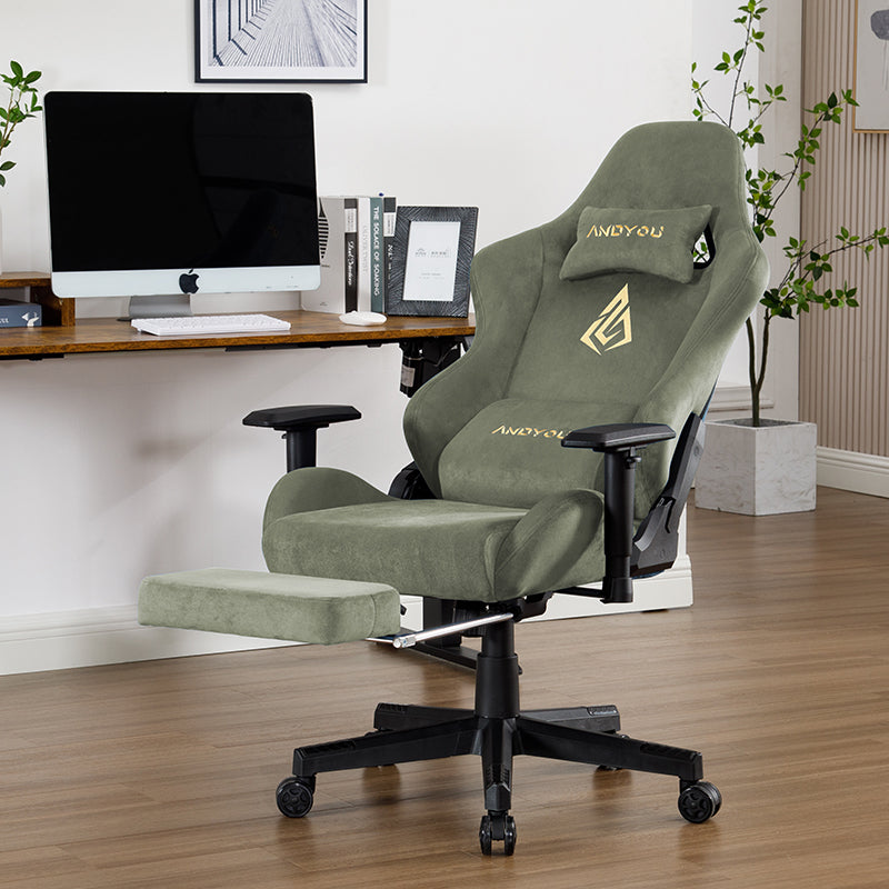 ANDYOU Gaming Chair, Adjustable Rotating Desk Chair with Footrest - Green