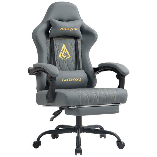 ANDYOU Gaming Chair with Footrest, Ergonomic PU Leather Computer Chair - Grey