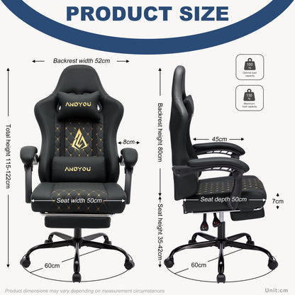 ANDYOU PU Leather Computer Gaming Chair - Comfortable and Adjustable Office Chair, Black
