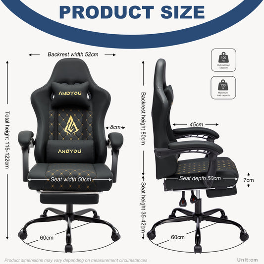 ANDYOU PU Leather Computer Gaming Chair - Comfortable and Adjustable Office Chair, Black