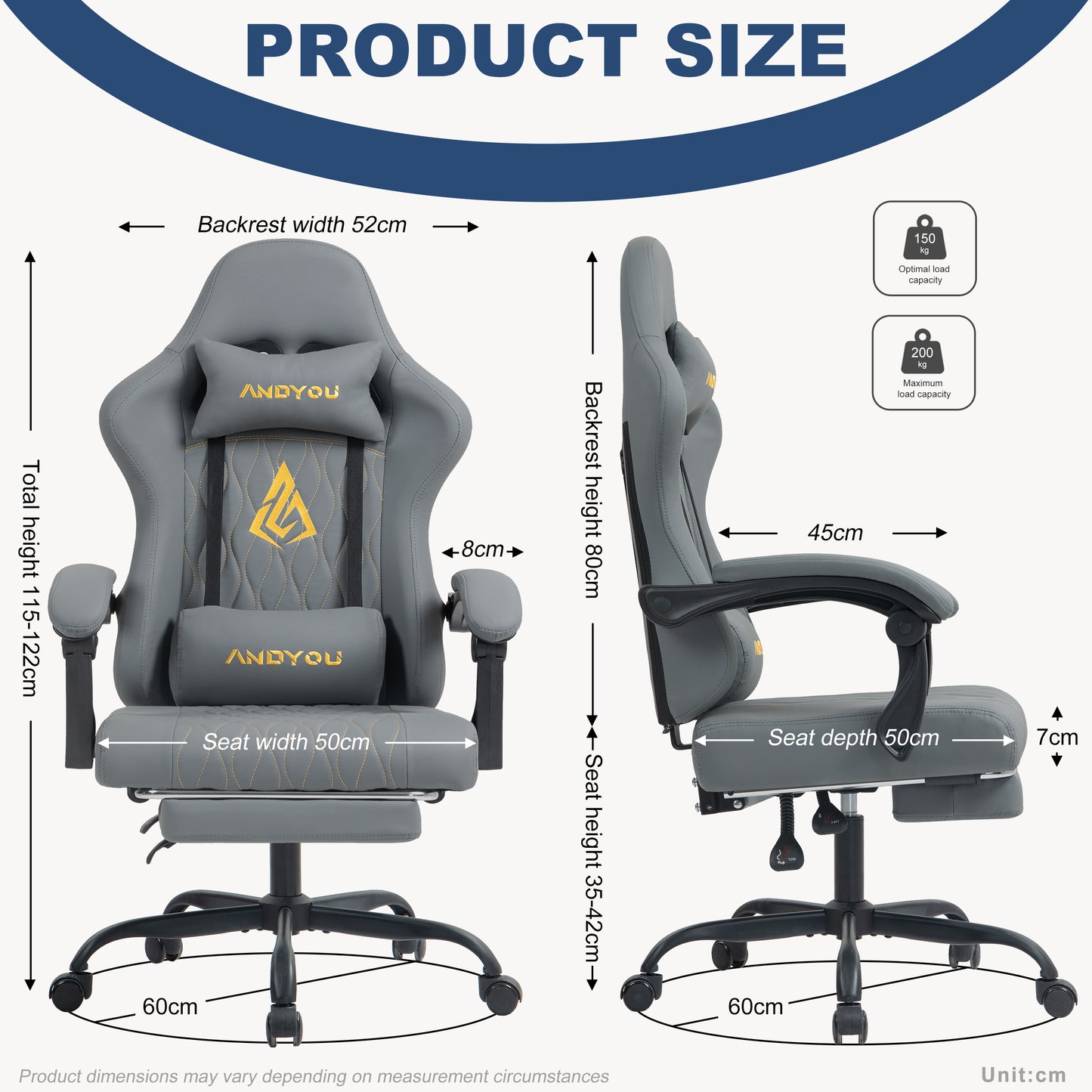 ANDYOU Gaming Chair with Footrest, Ergonomic PU Leather Computer Chair - Grey