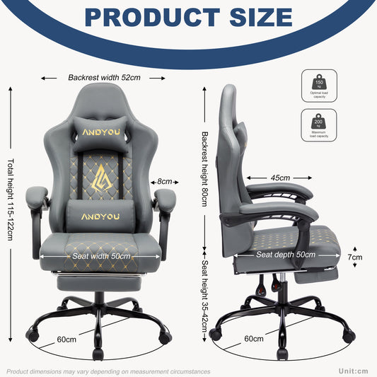 ANDYOU PU Leather Computer Gaming Chair - Comfortable and Adjustable Office Chair, Grey