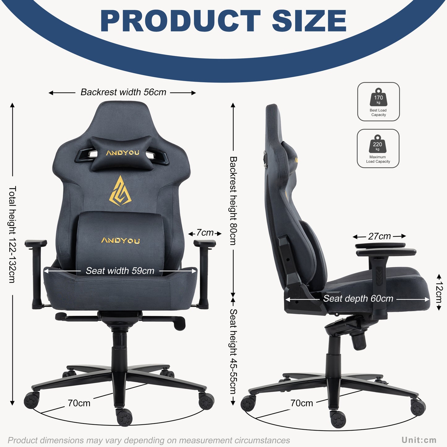 Andyou Gaming Chair – Faux Suede, 12° Tilt, 220kg Capacity, 3D Armrests, 90–155° Recline, Ergonomic PC Chair