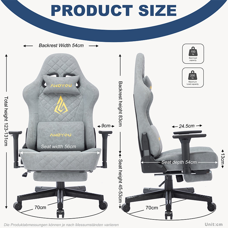 ANDYOU Ergonomic Gaming Chair, Adjustable Rotating Task Chair with Footrest - Grey