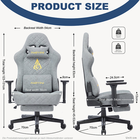 ANDYOU Ergonomic Gaming Chair, Adjustable Rotating Task Chair with Footrest - Grey