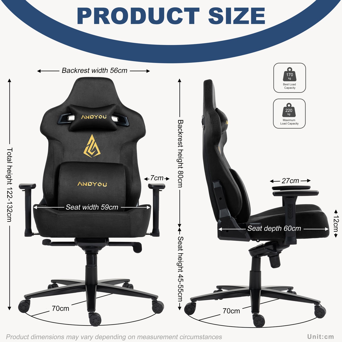 Andyou Gaming Chair – Faux Suede, 12° Tilt, 220kg Capacity, 3D Armrests, 90–155° Recline, Ergonomic PC Chair