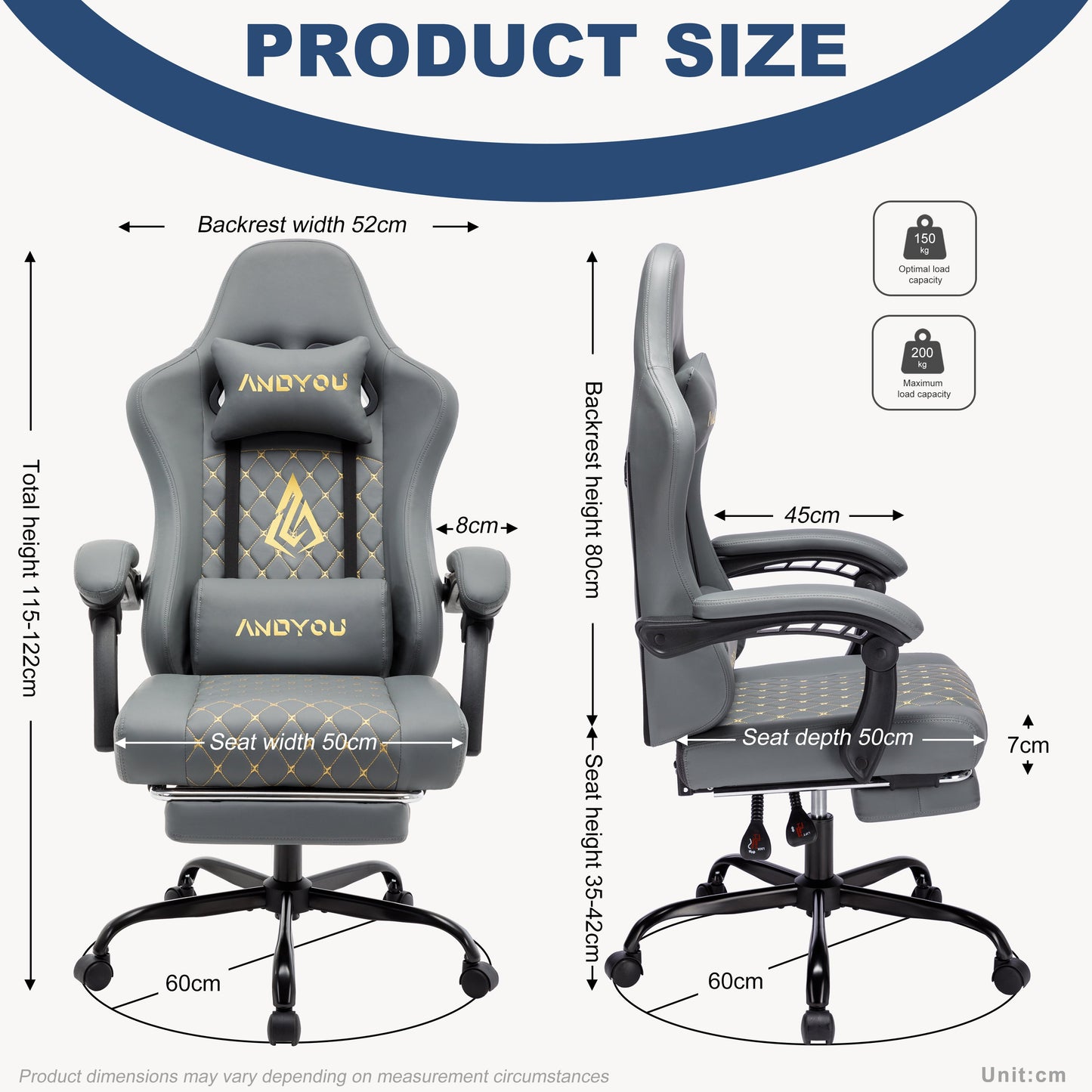 ANDYOU PU Leather Computer Gaming Chair - Comfortable and Adjustable Office Chair, Grey