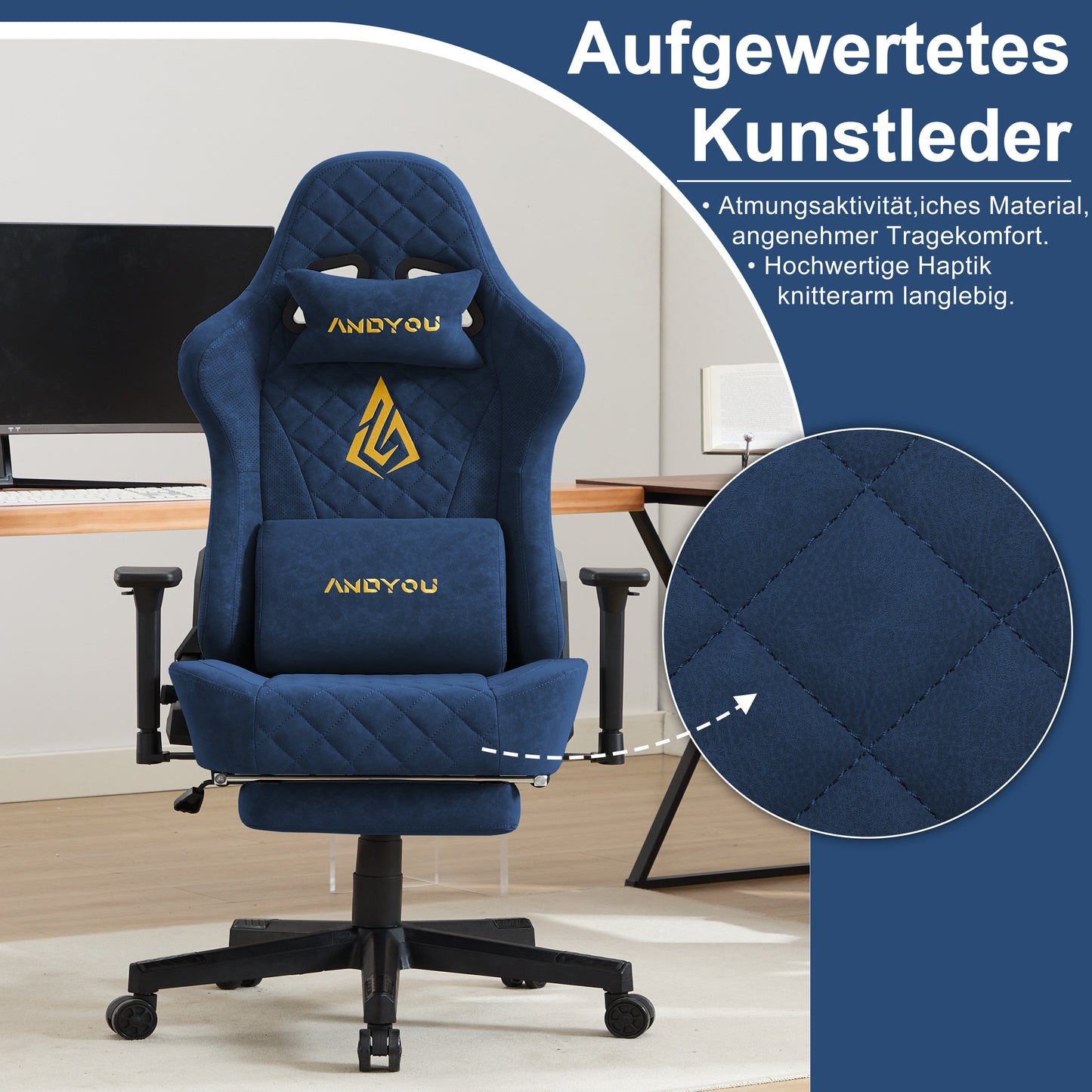ANDYOU Ergonomic Gaming Chair, Adjustable Rotating Task Chair with Footrest - Blue