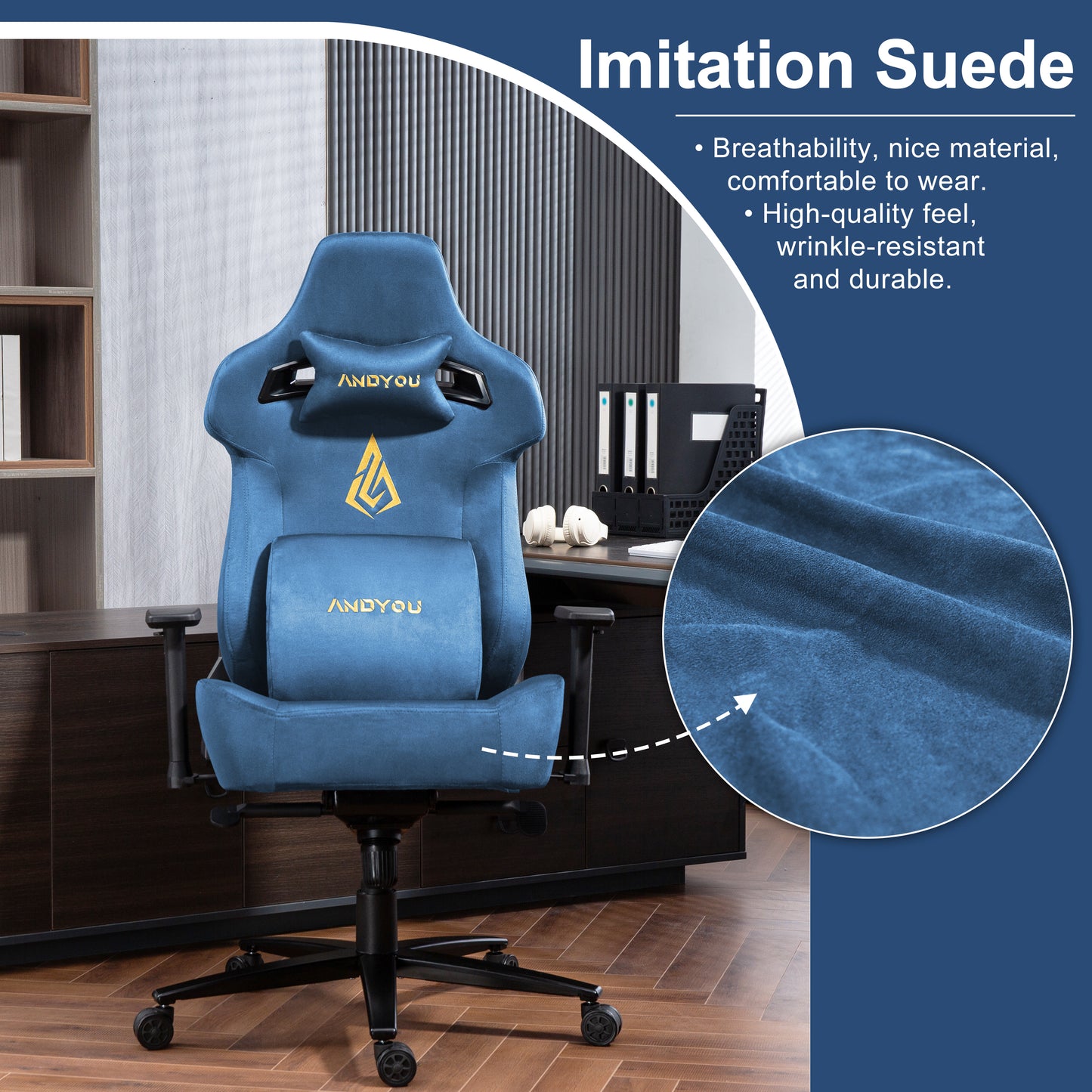 Andyou Gaming Chair – Faux Suede, 12° Tilt, 220kg Capacity, 3D Armrests, 90–155° Recline, Ergonomic PC Chair