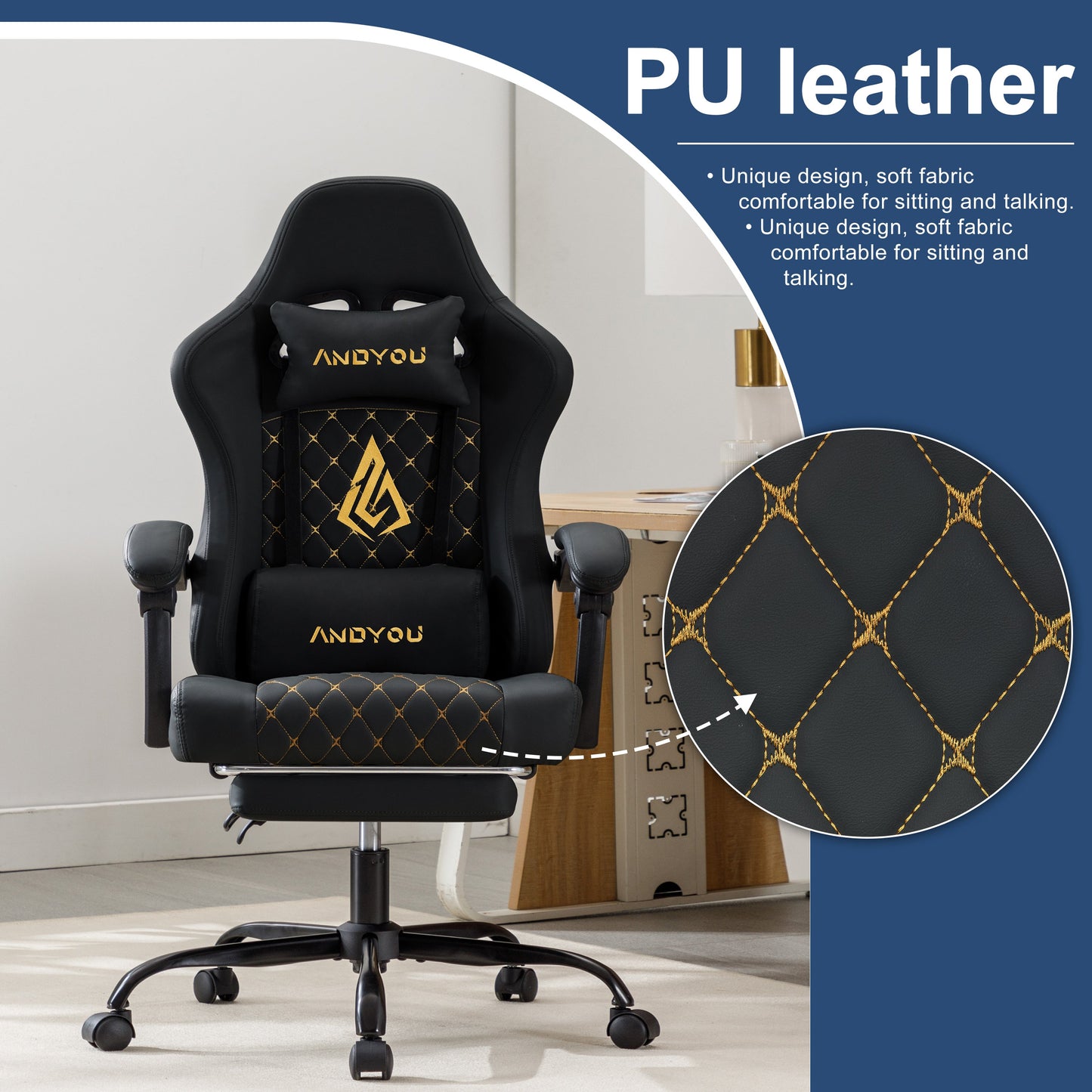 ANDYOU PU Leather Computer Gaming Chair - Comfortable and Adjustable Office Chair, Black