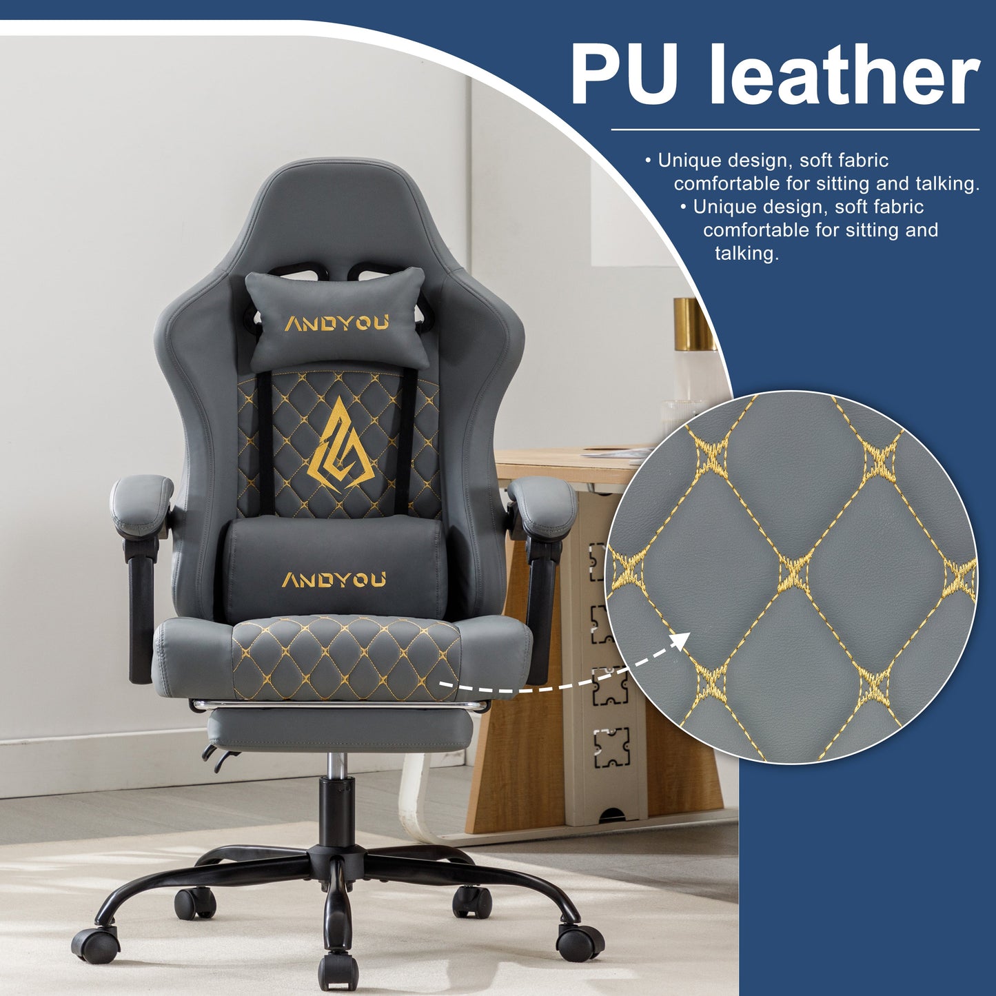 ANDYOU PU Leather Computer Gaming Chair - Comfortable and Adjustable Office Chair, Grey