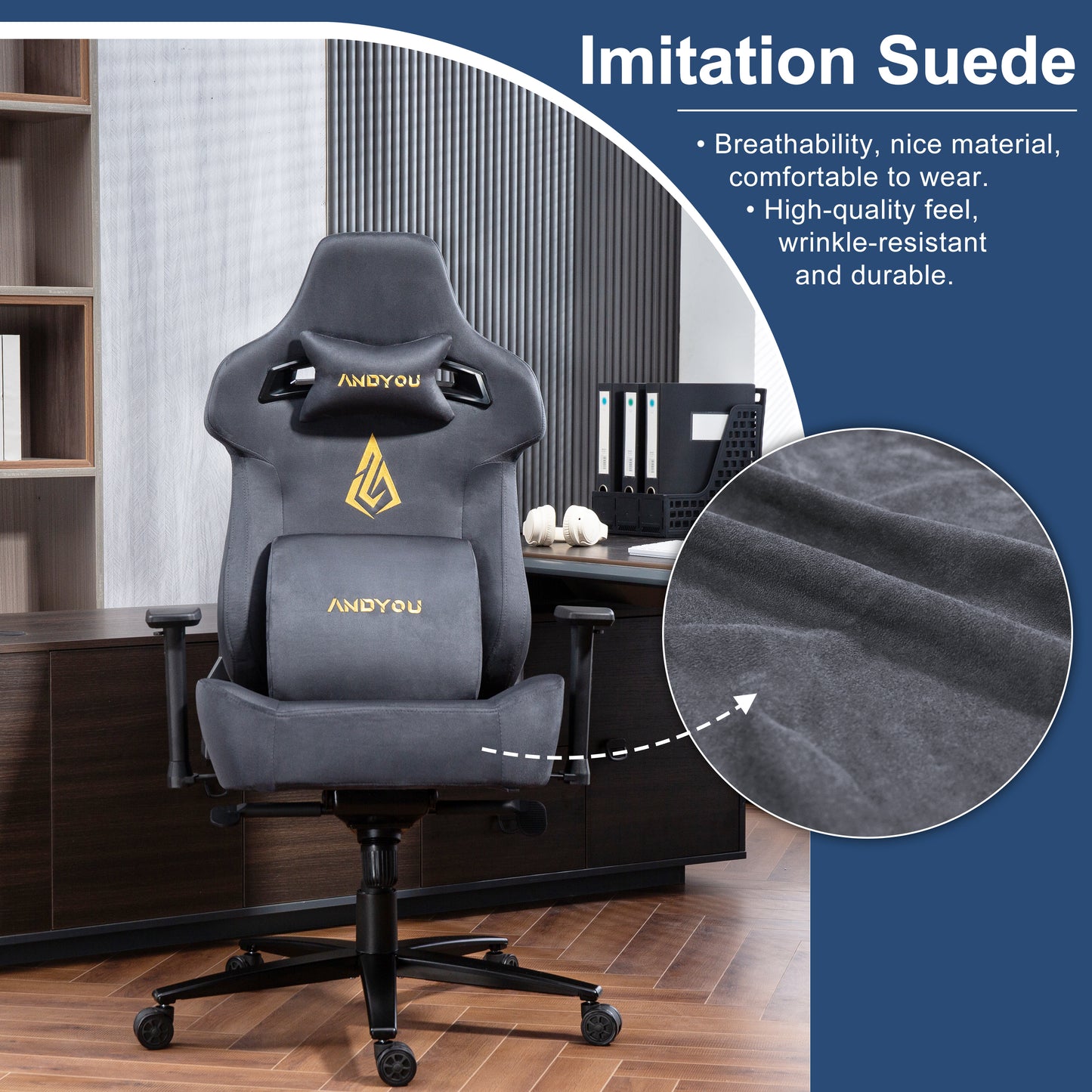 Andyou Gaming Chair – Faux Suede, 12° Tilt, 220kg Capacity, 3D Armrests, 90–155° Recline, Ergonomic PC Chair