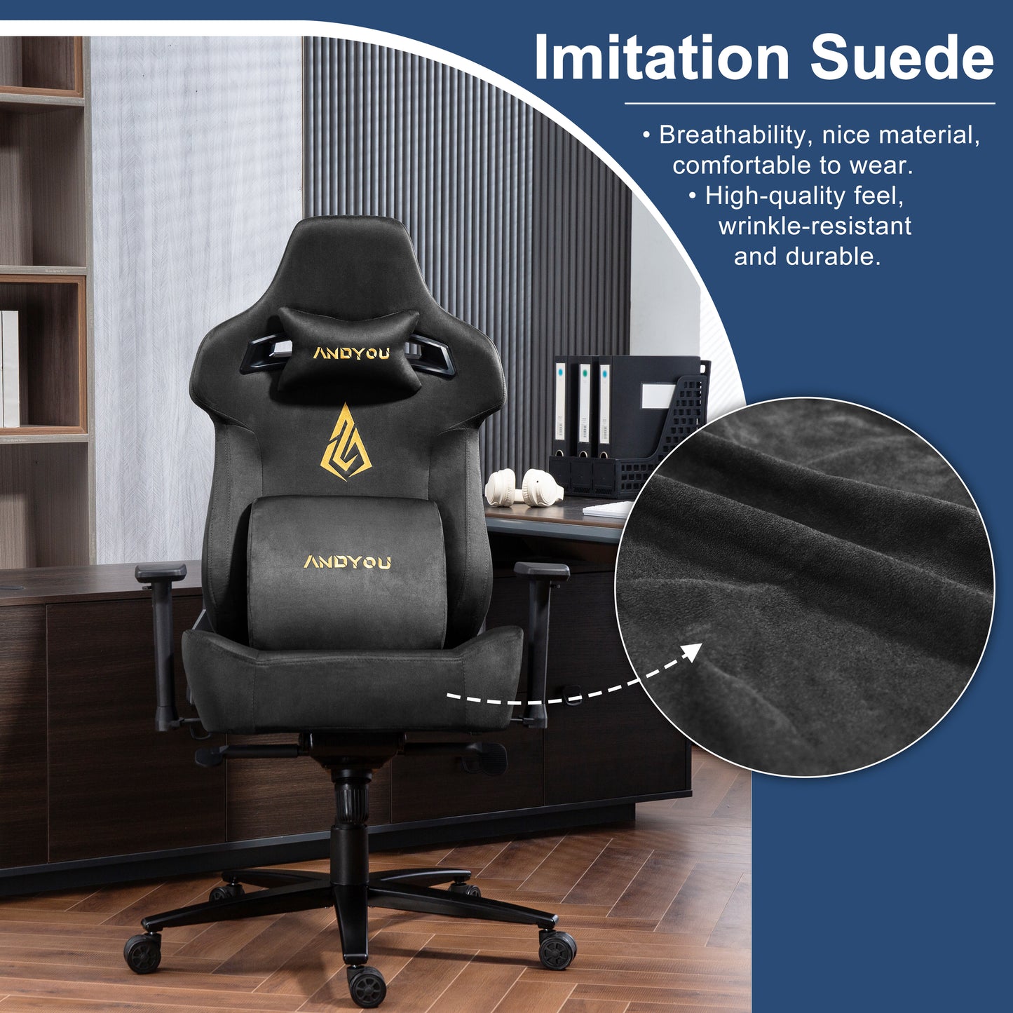 Andyou Gaming Chair – Faux Suede, 12° Tilt, 220kg Capacity, 3D Armrests, 90–155° Recline, Ergonomic PC Chair