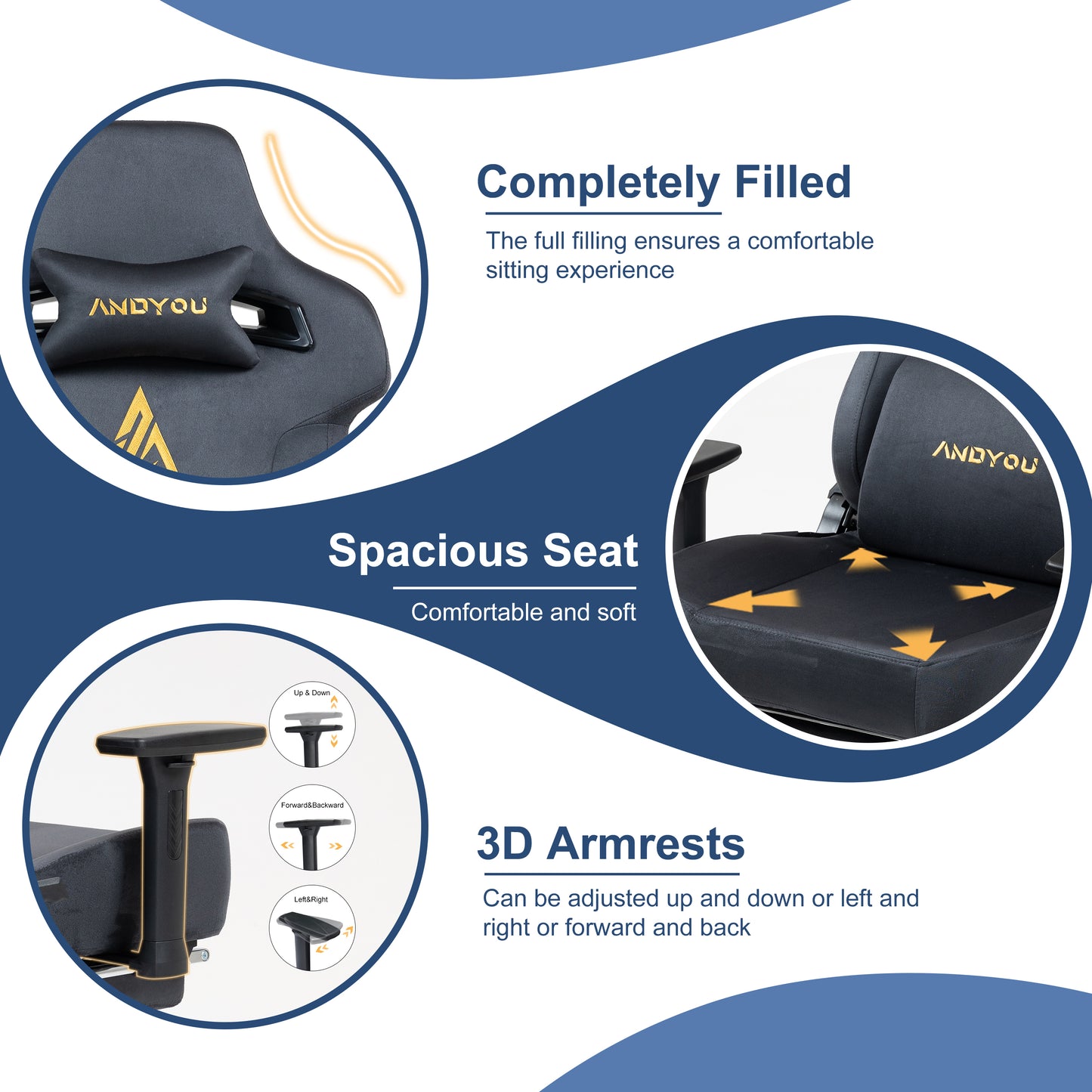 Andyou Gaming Chair – Ergonomic PC Chair with Faux Suede, 90–155° Recline, 18° Tilt, 3D Armrests, 220kg Capacity