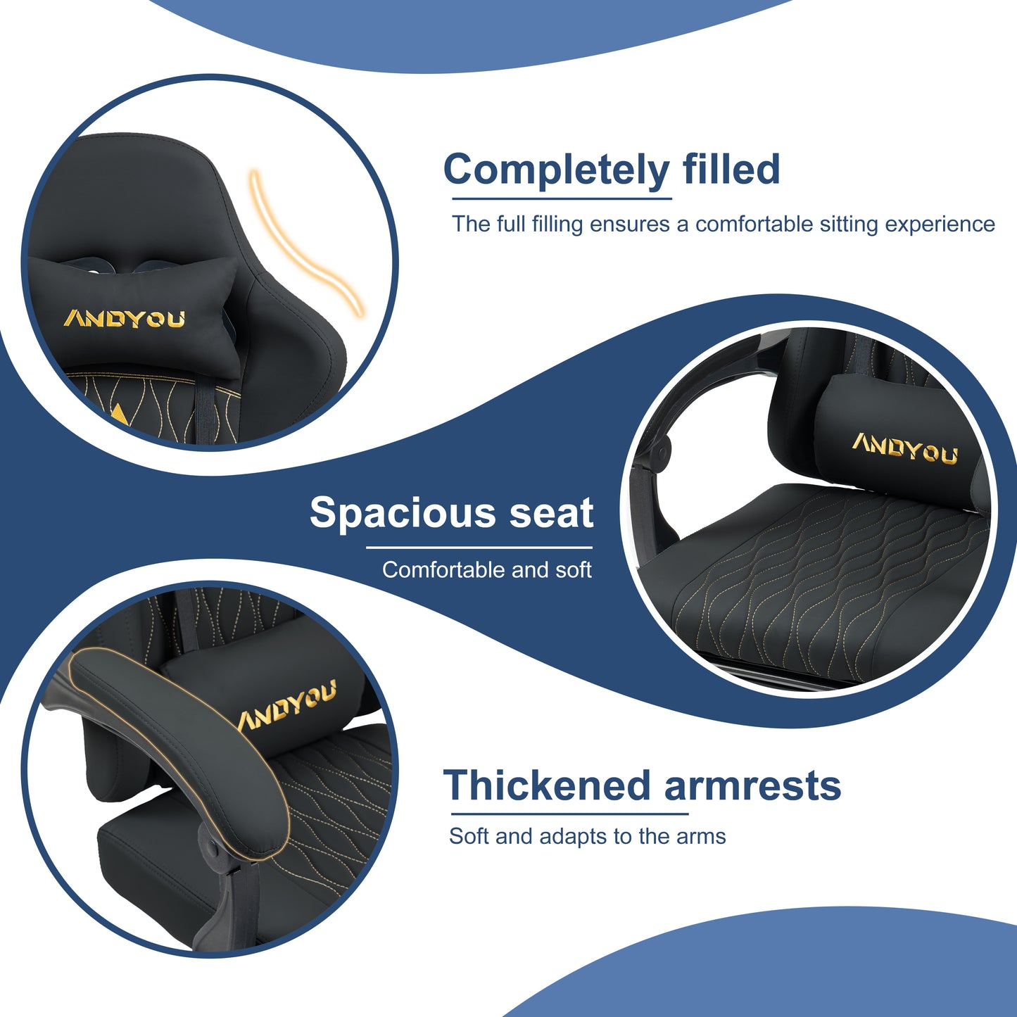 ANDYOU Gaming Chair with Footrest, Ergonomic PU Leather Computer Chair - Black