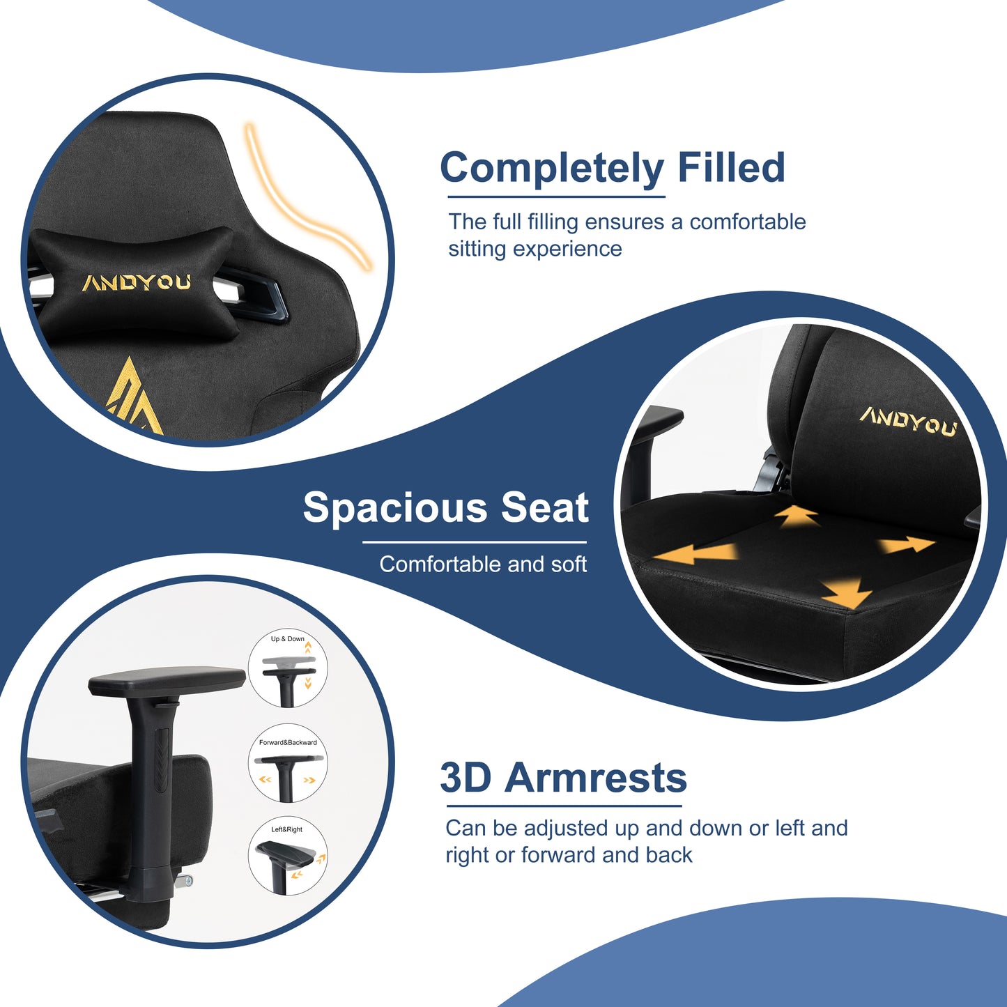 Andyou Gaming Chair – Ergonomic PC Chair with Faux Suede, 90–155° Recline, 18° Tilt, 3D Armrests, 220kg Capacity