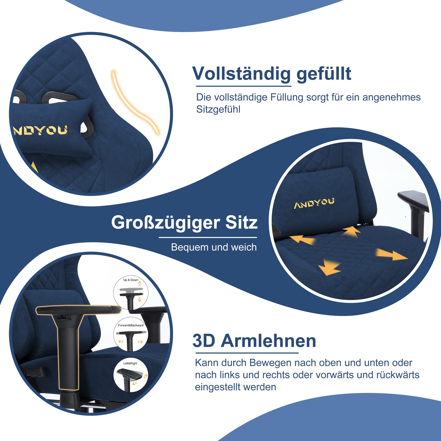 ANDYOU Ergonomic Gaming Chair, Adjustable Rotating Task Chair with Footrest - Blue