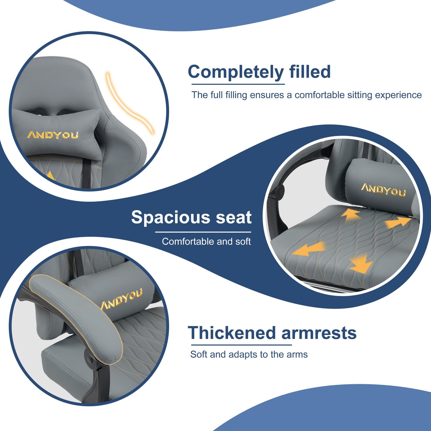 ANDYOU Gaming Chair with Footrest, Ergonomic PU Leather Computer Chair - Grey
