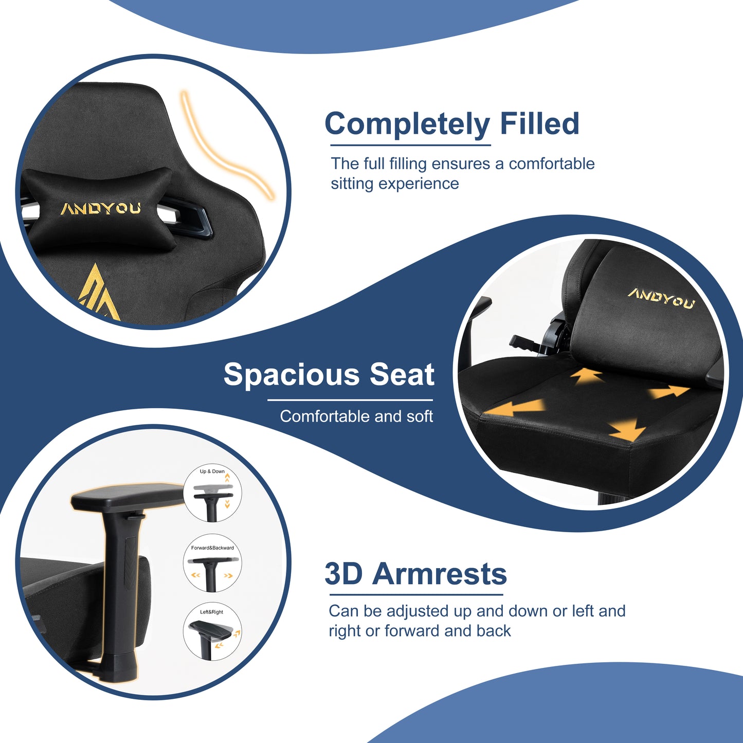 Andyou Gaming Chair – Faux Suede, 12° Tilt, 220kg Capacity, 3D Armrests, 90–155° Recline, Ergonomic PC Chair