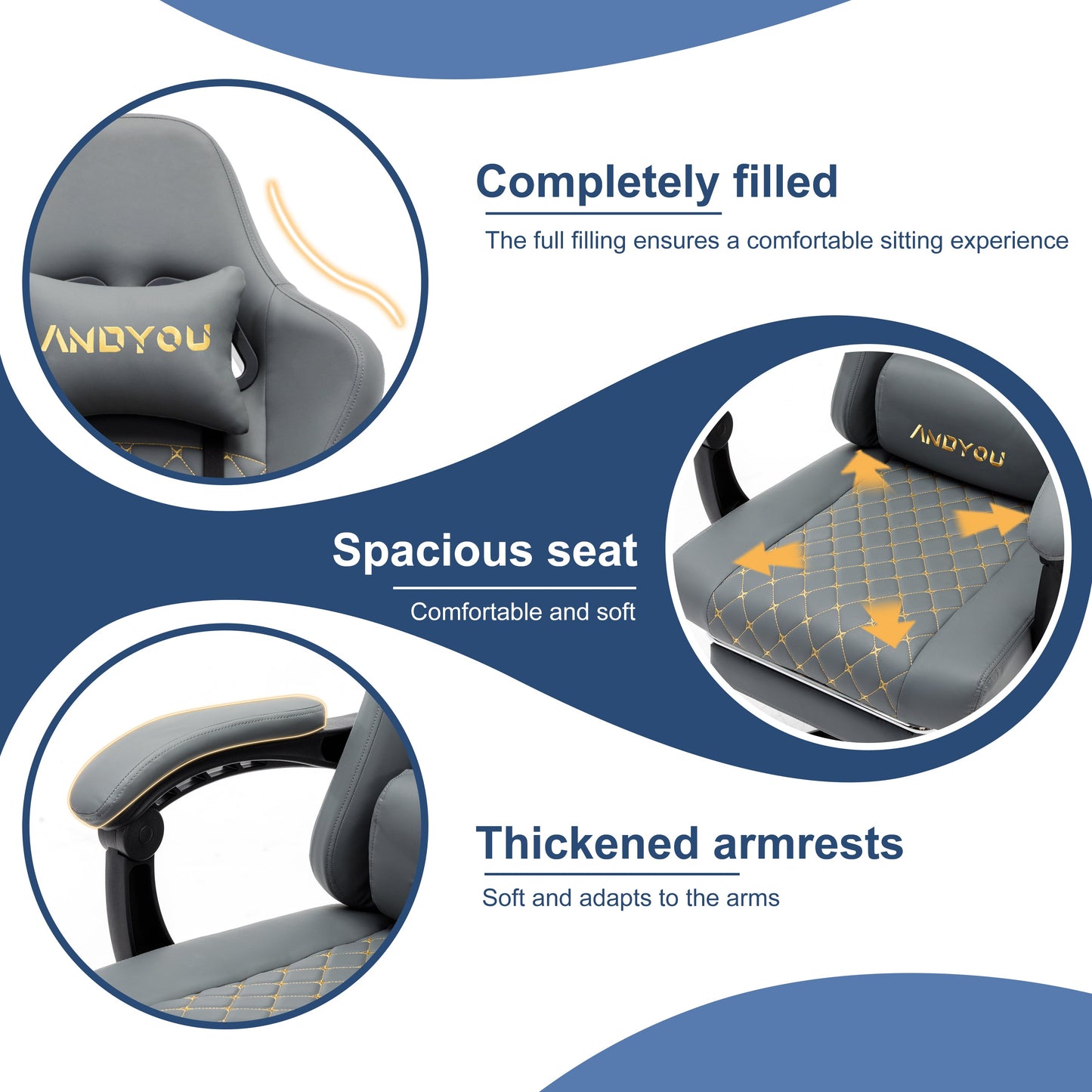 ANDYOU PU Leather Computer Gaming Chair - Comfortable and Adjustable Office Chair, Grey