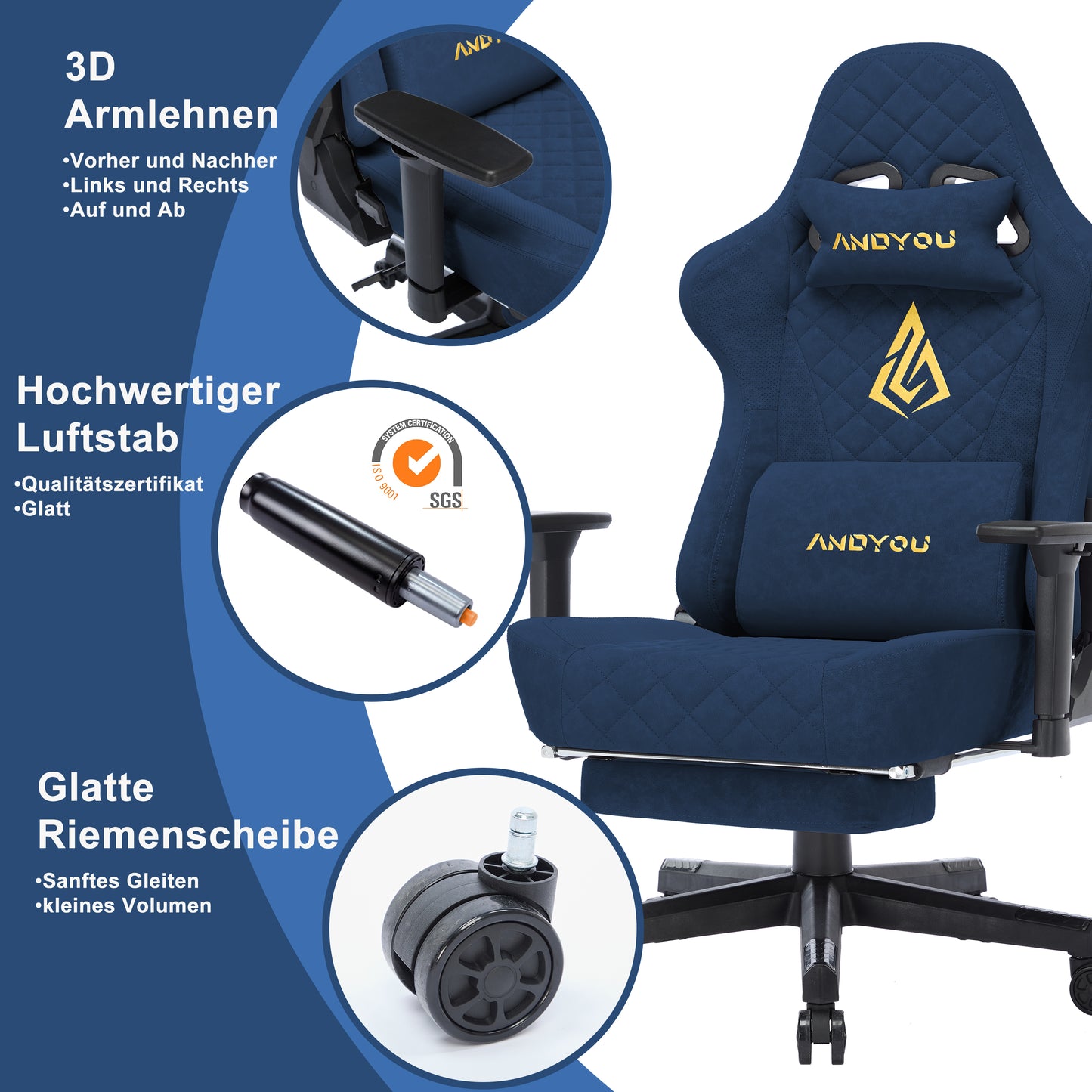 ANDYOU Ergonomic Gaming Chair, Adjustable Rotating Task Chair with Footrest - Blue