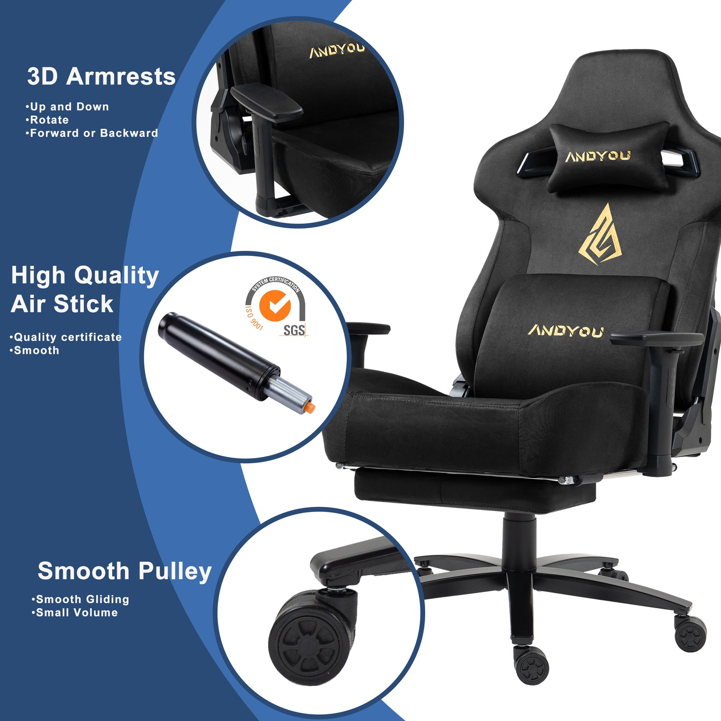 Andyou Gaming Chair – Ergonomic PC Chair with Faux Suede, 90–155° Recline, 18° Tilt, 3D Armrests, 220kg Capacity