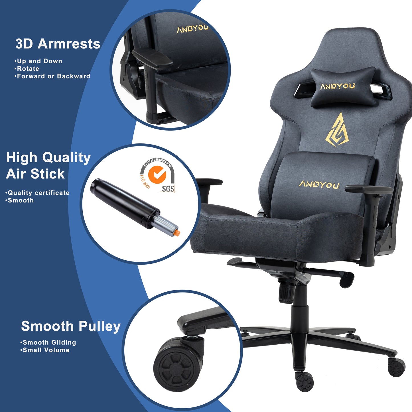Andyou Gaming Chair – Faux Suede, 12° Tilt, 220kg Capacity, 3D Armrests, 90–155° Recline, Ergonomic PC Chair