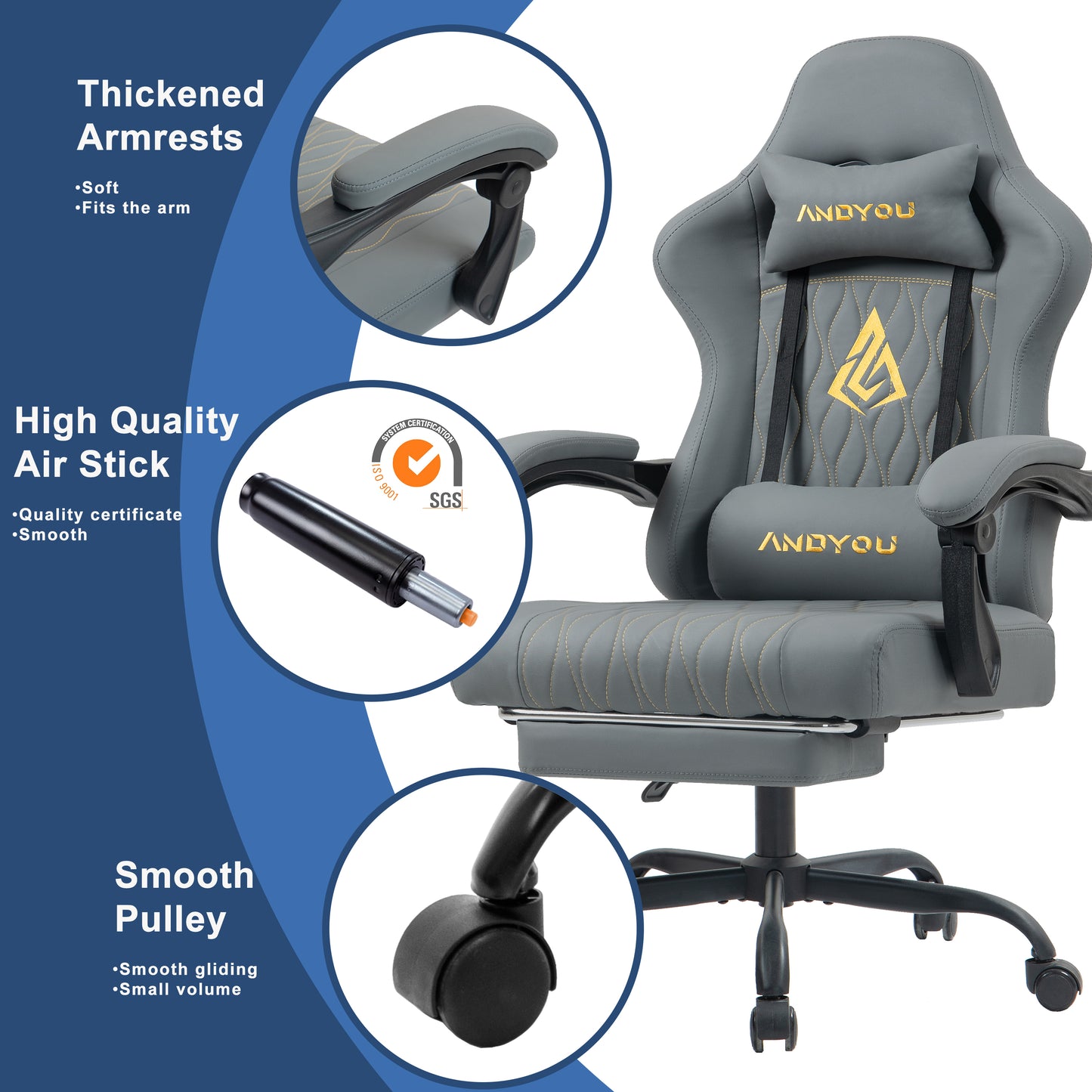 ANDYOU Gaming Chair with Footrest, Ergonomic PU Leather Computer Chair - Grey