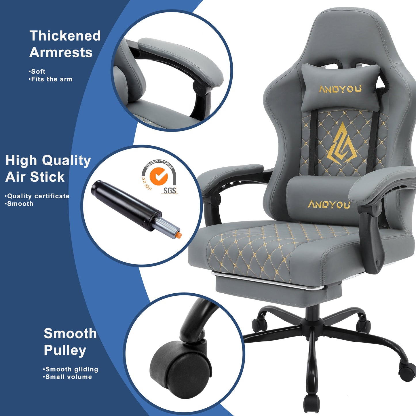 ANDYOU PU Leather Computer Gaming Chair - Comfortable and Adjustable Office Chair, Grey