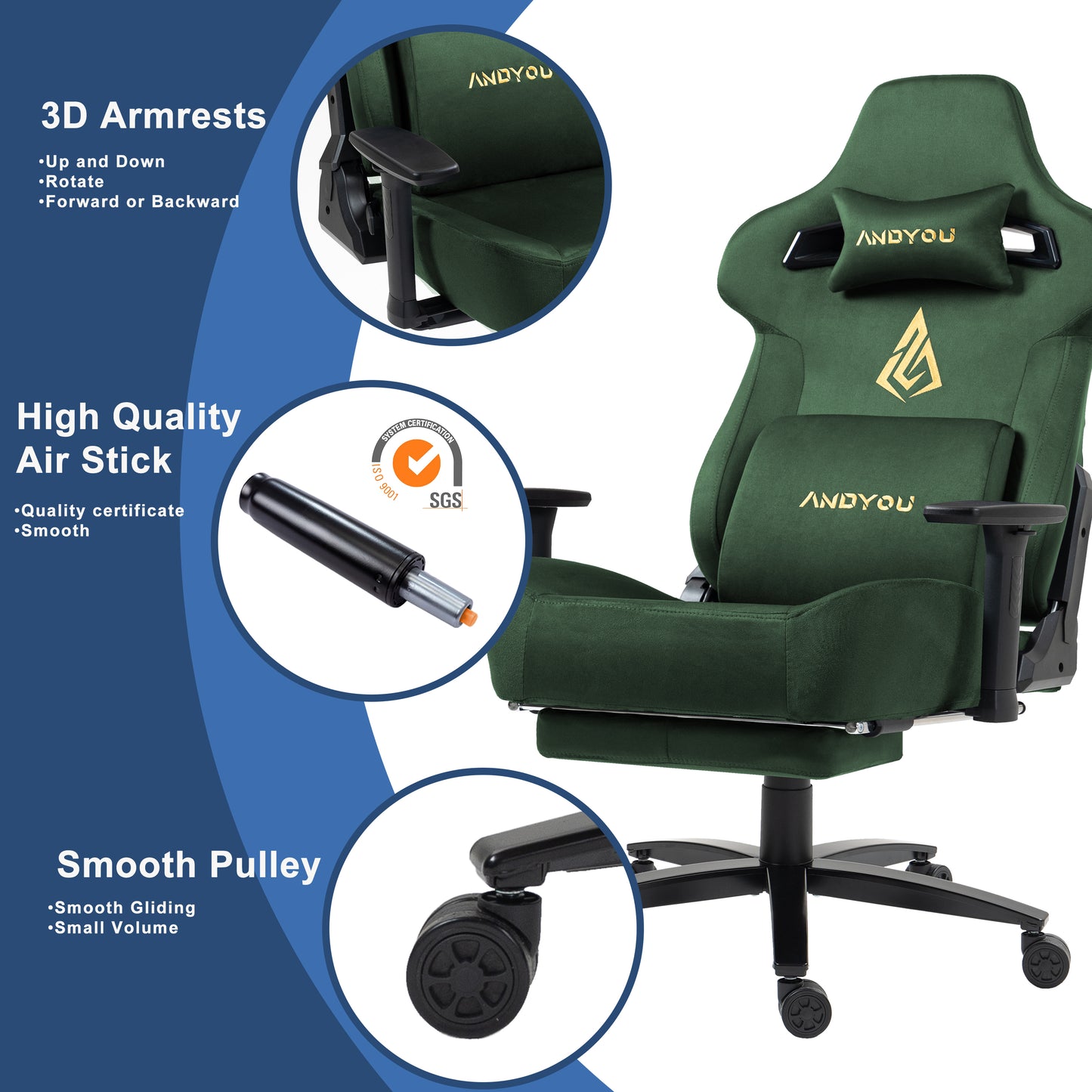 Andyou Gaming Chair – Ergonomic PC Chair with Faux Suede, 90–155° Recline, 18° Tilt, 3D Armrests, 220kg Capacity