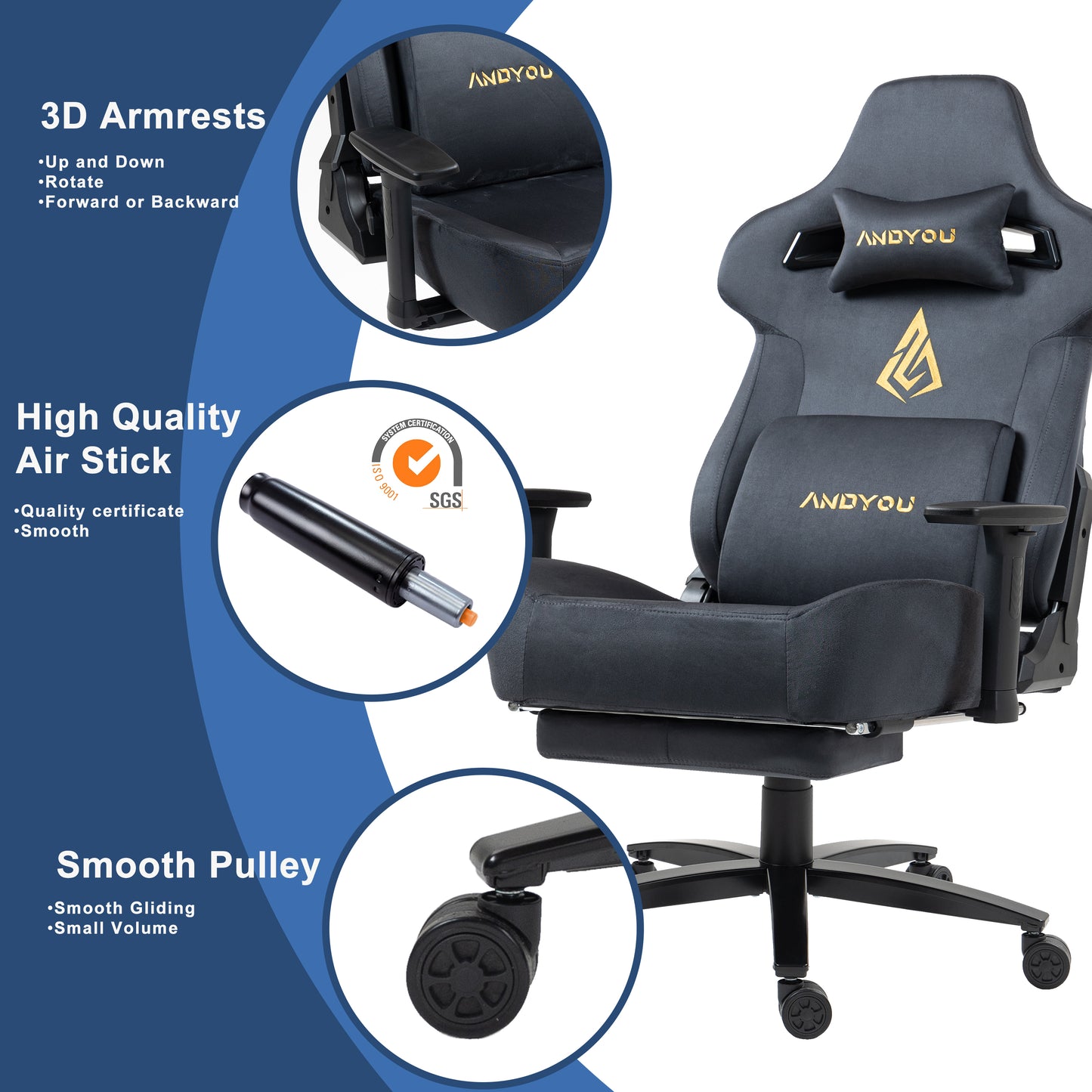 Andyou Gaming Chair – Ergonomic PC Chair with Faux Suede, 90–155° Recline, 18° Tilt, 3D Armrests, 220kg Capacity