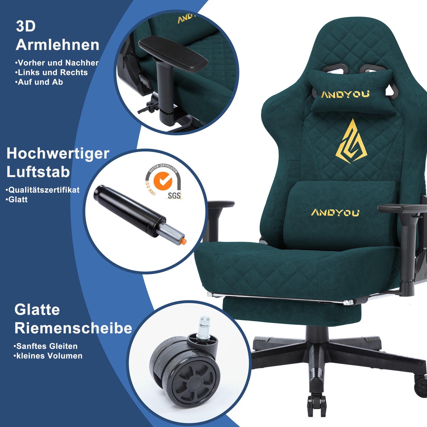 ANDYOU Ergonomic Gaming Chair, Adjustable Rotating Task Chair with Footrest - Green