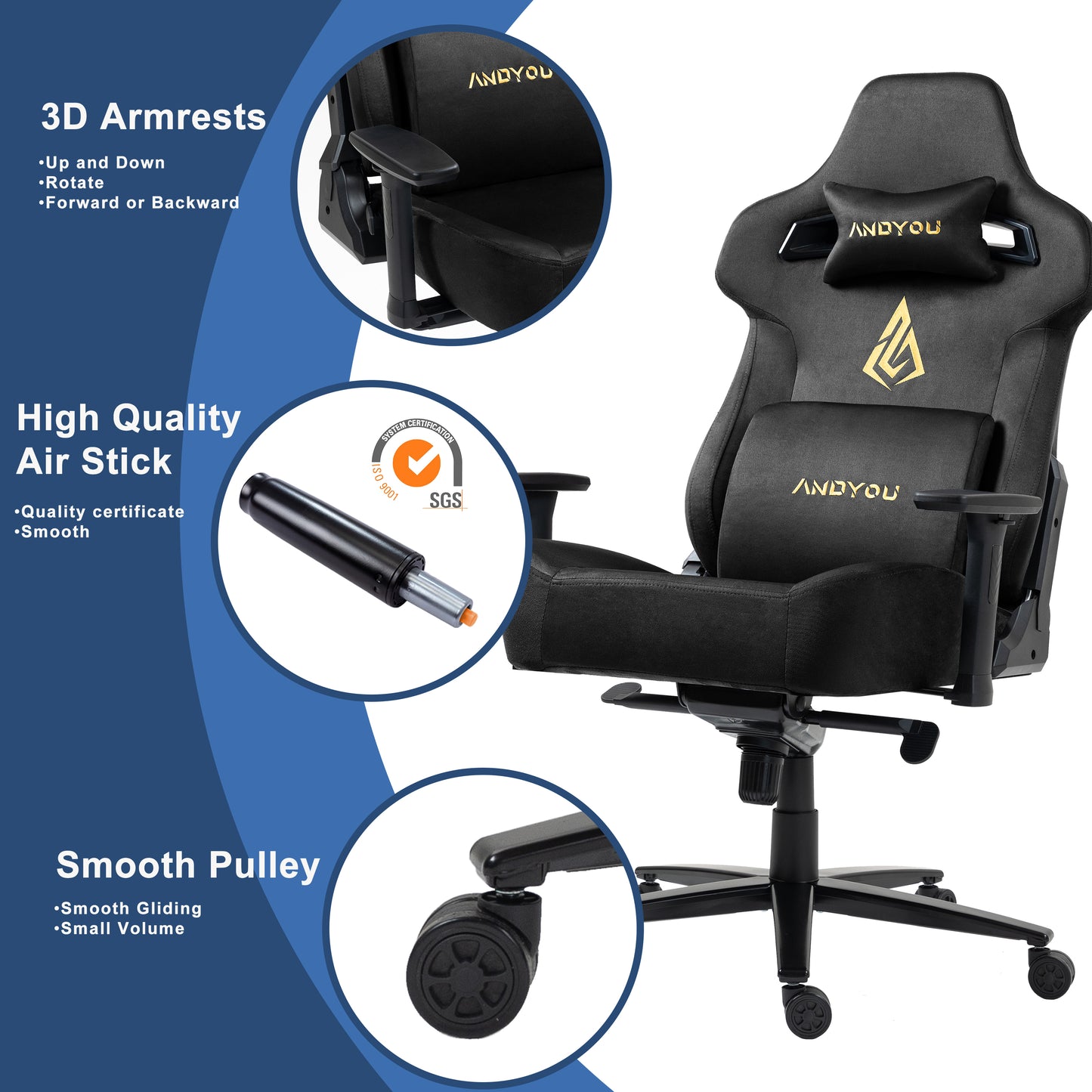 Andyou Gaming Chair – Faux Suede, 12° Tilt, 220kg Capacity, 3D Armrests, 90–155° Recline, Ergonomic PC Chair