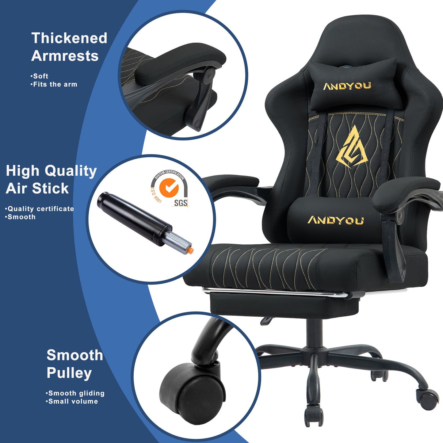 ANDYOU Gaming Chair with Footrest, Ergonomic PU Leather Computer Chair - Black