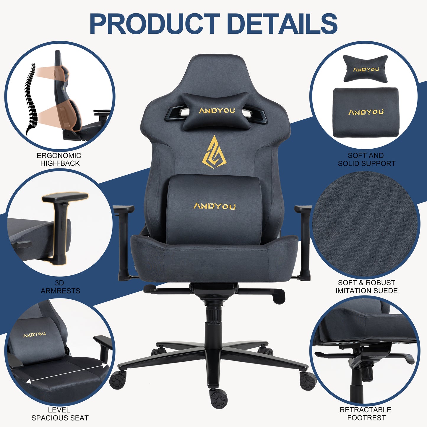 Andyou Gaming Chair – Faux Suede, 12° Tilt, 220kg Capacity, 3D Armrests, 90–155° Recline, Ergonomic PC Chair