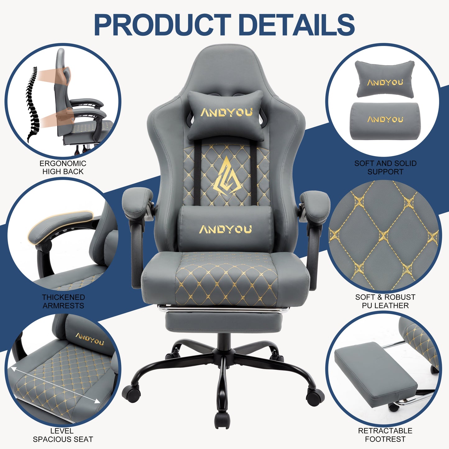 ANDYOU PU Leather Computer Gaming Chair - Comfortable and Adjustable Office Chair, Grey