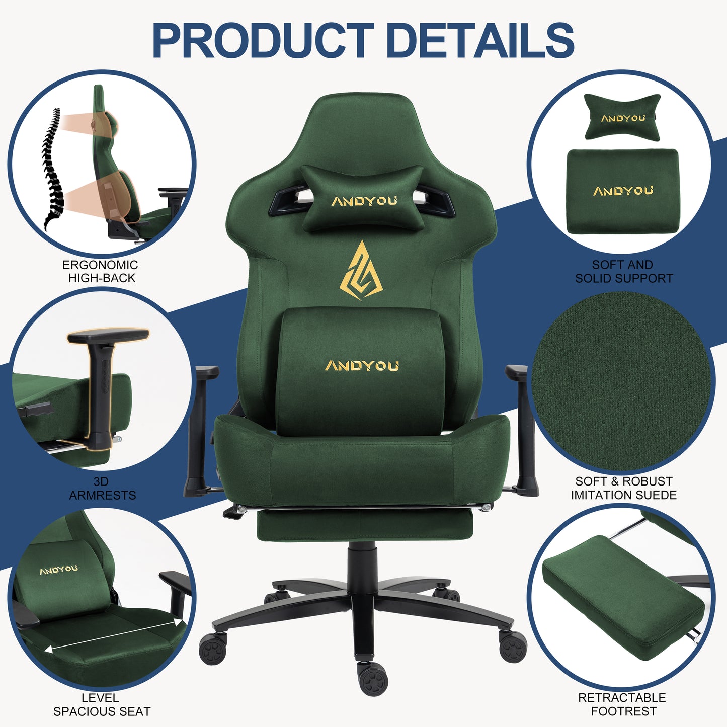 Andyou Gaming Chair – Ergonomic PC Chair with Faux Suede, 90–155° Recline, 18° Tilt, 3D Armrests, 220kg Capacity