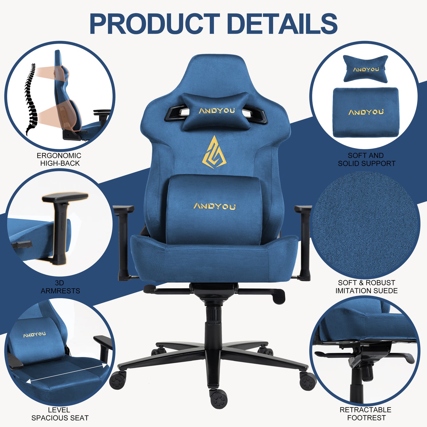Andyou Gaming Chair – Faux Suede, 12° Tilt, 220kg Capacity, 3D Armrests, 90–155° Recline, Ergonomic PC Chair