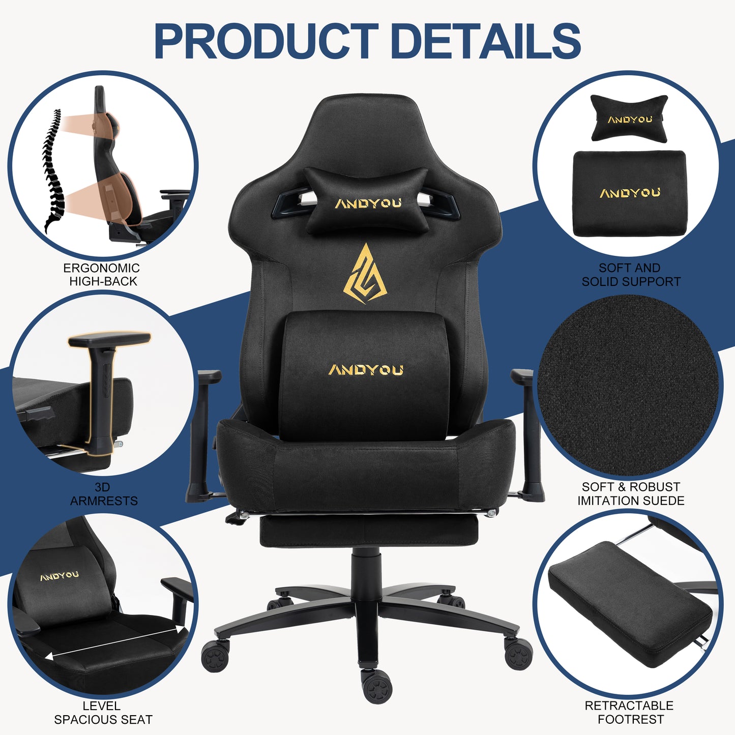 Andyou Gaming Chair – Ergonomic PC Chair with Faux Suede, 90–155° Recline, 18° Tilt, 3D Armrests, 220kg Capacity