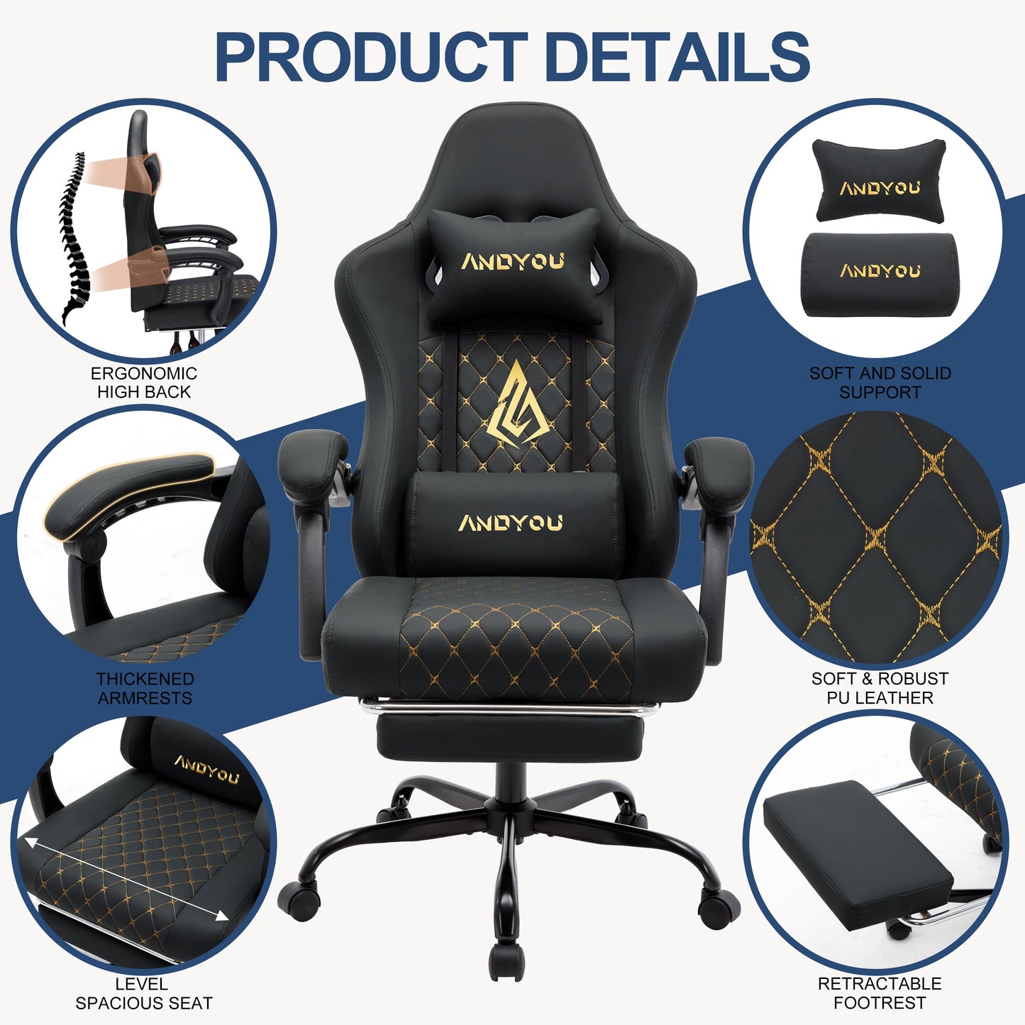 ANDYOU PU Leather Computer Gaming Chair - Comfortable and Adjustable Office Chair, Black