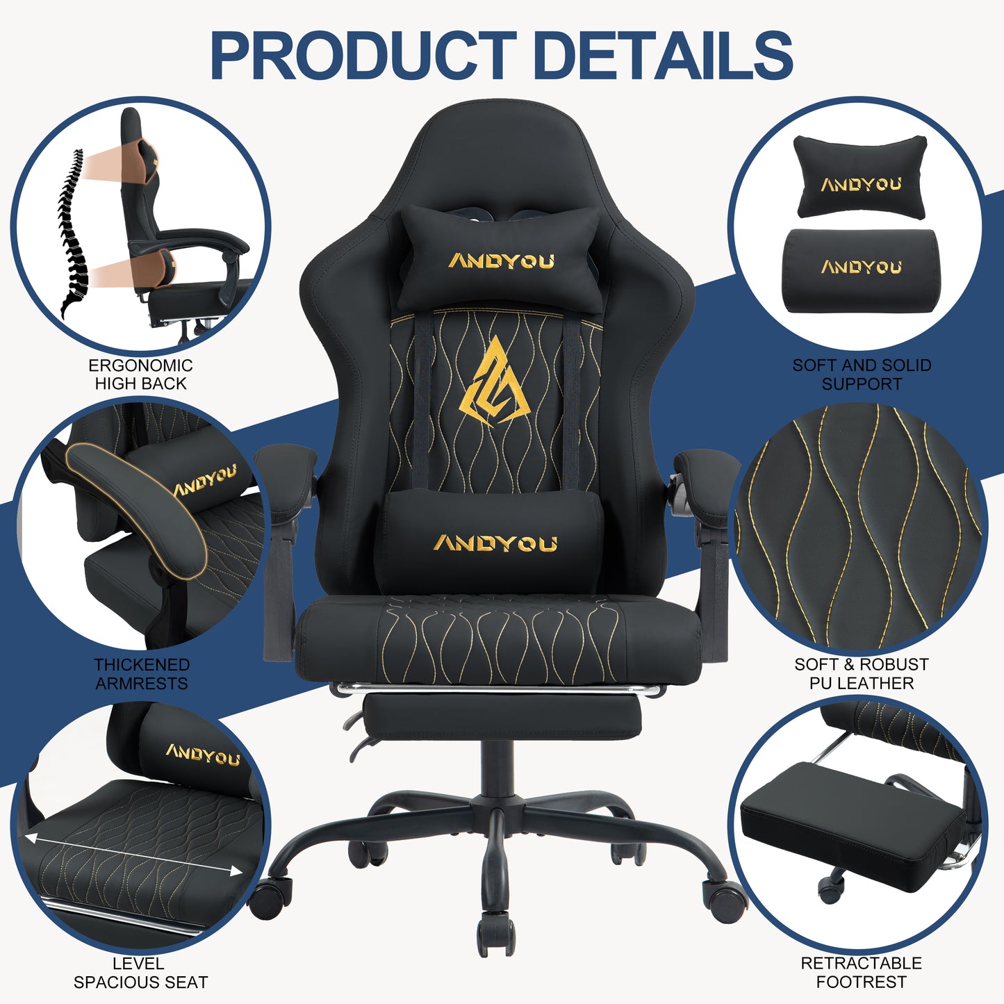 ANDYOU Gaming Chair with Footrest, Ergonomic PU Leather Computer Chair - Black