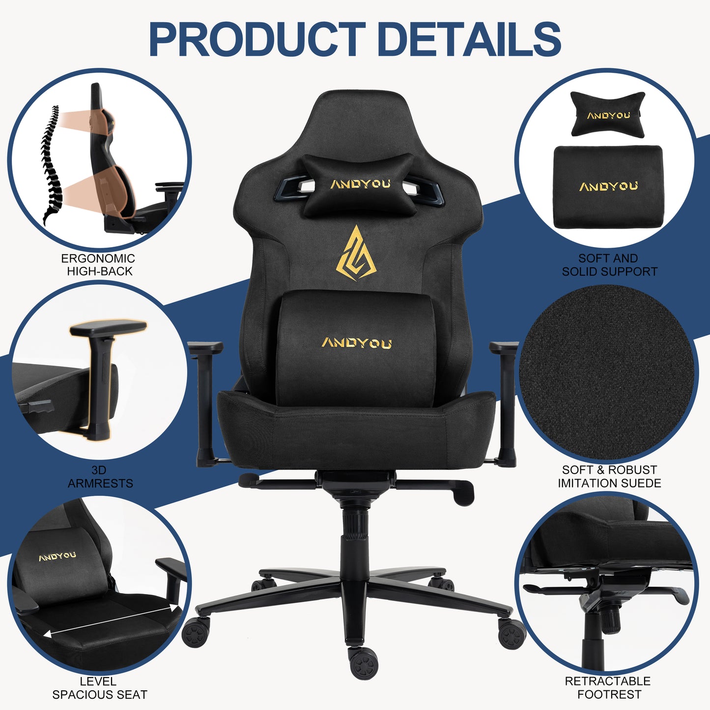 Andyou Gaming Chair – Faux Suede, 12° Tilt, 220kg Capacity, 3D Armrests, 90–155° Recline, Ergonomic PC Chair