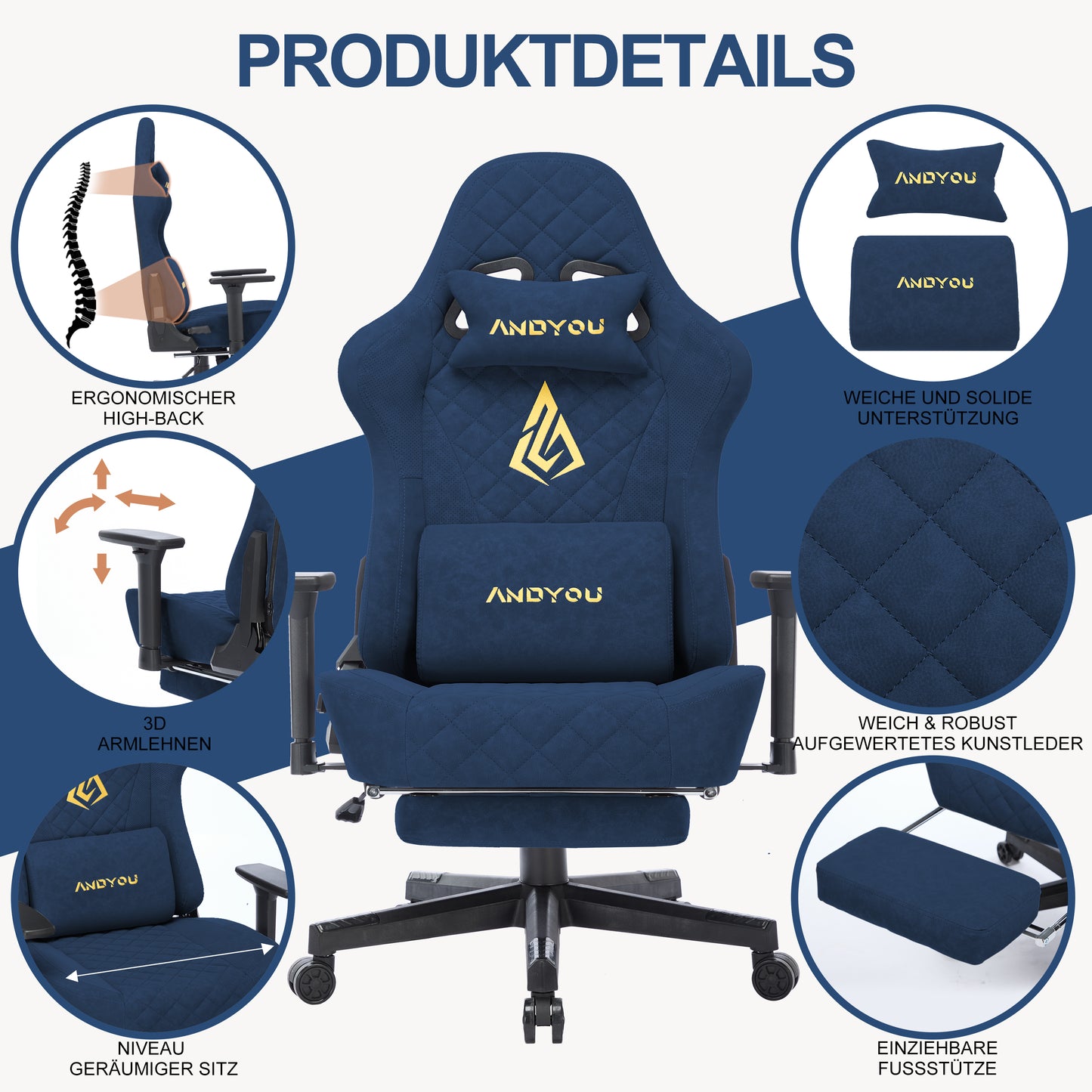 ANDYOU Ergonomic Gaming Chair, Adjustable Rotating Task Chair with Footrest - Blue