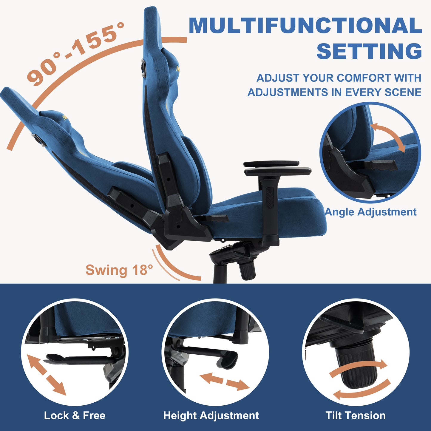 Andyou Gaming Chair – Faux Suede, 12° Tilt, 220kg Capacity, 3D Armrests, 90–155° Recline, Ergonomic PC Chair